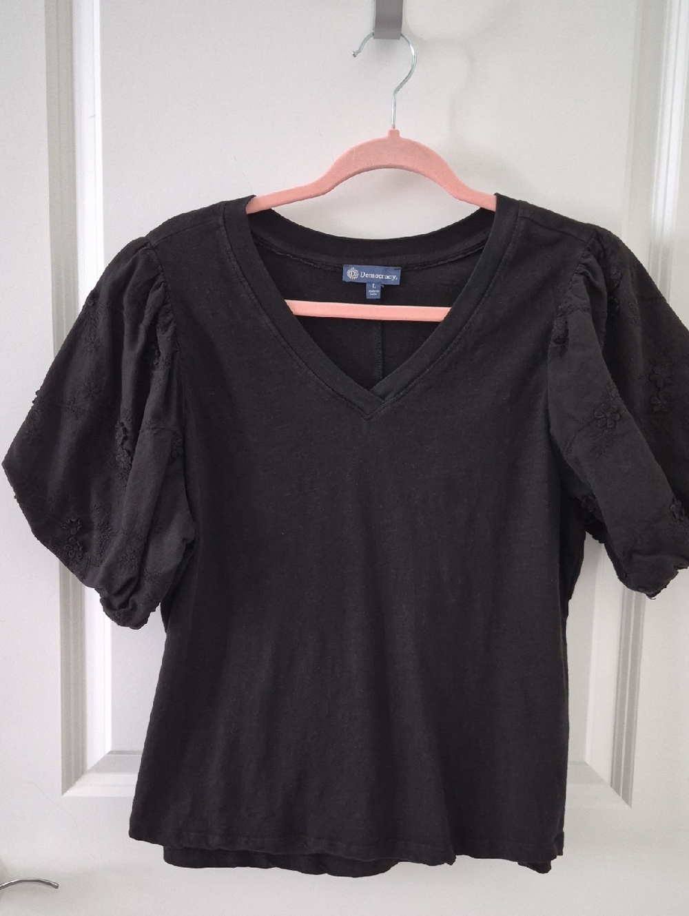 Democracy Black V-Neck Puff Sleeve Tee